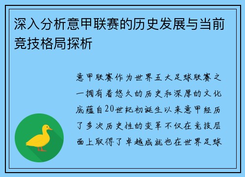深入分析意甲联赛的历史发展与当前竞技格局探析