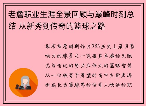 老詹职业生涯全景回顾与巅峰时刻总结 从新秀到传奇的篮球之路