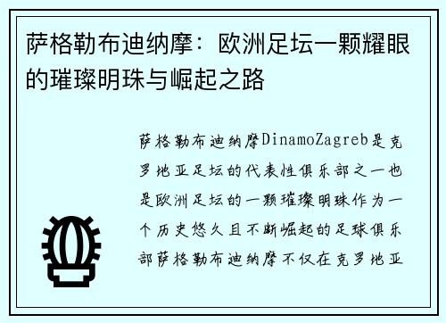 萨格勒布迪纳摩:欧洲足坛一颗耀眼的璀璨明珠与崛起之路 萨格勒布迪纳摩:欧洲足坛一颗耀眼的璀璨明珠与崛起之路